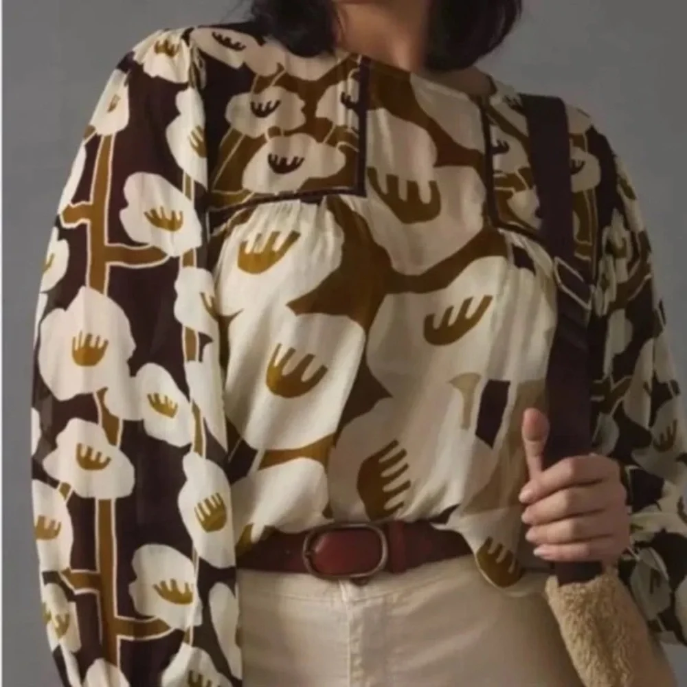 Anthropologie x BL^NK London “Miranda” Peasant Blouse Brown & Ivory Floral XS - Picture 5 of 6